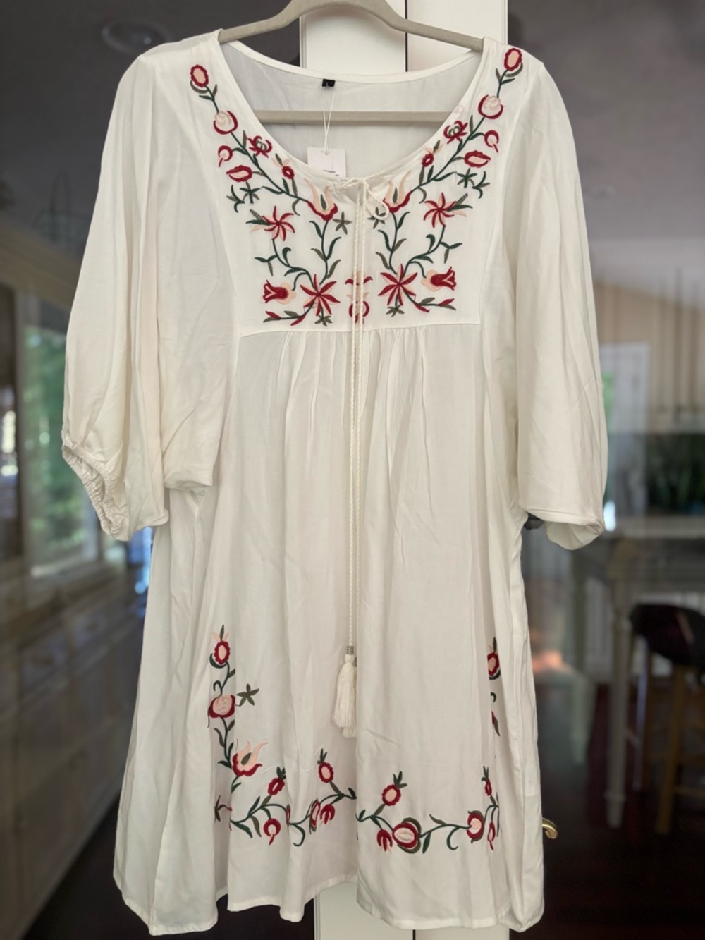 Embroidered White Boho Dress with Red & Green Floral Details